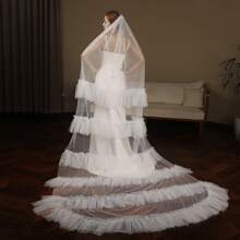 1pc European Style Long-Train Wedding Bridal Dress, Handmade Ruffled Elegant & Minimalist Veil Fall Clothes For Women - White - View 2