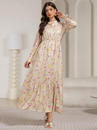 Women Floral Print Casual Long Sleeve Dress, Spring & Summer