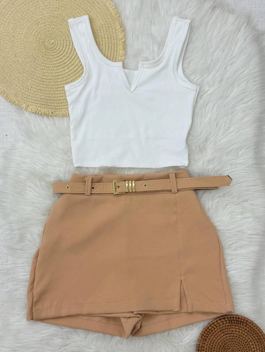 Cropped Top+Skirt Set With Shorts And Belt