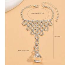 1pc New Fashionable Rhinestone Bracelet Ring Combo, Latin Dance Back Hand Chain, Layering Copper Chain With Diamond Shaped & Bow Charm