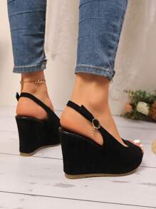 2026 New Fashion Women's One-Buckle Bow Rhinestone Decor Adjustable PU Strap Thick Sole Wedge Heel Classic Sandals - Black - View 5