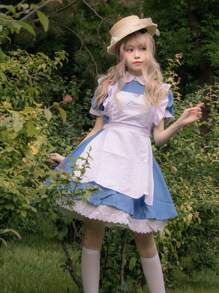 1 pieza Vestido de Lolita estilo campestre, dulce y juvenil con diadema negra, adecuado para fotografía, cosplay y disfraz de sirvienta anime