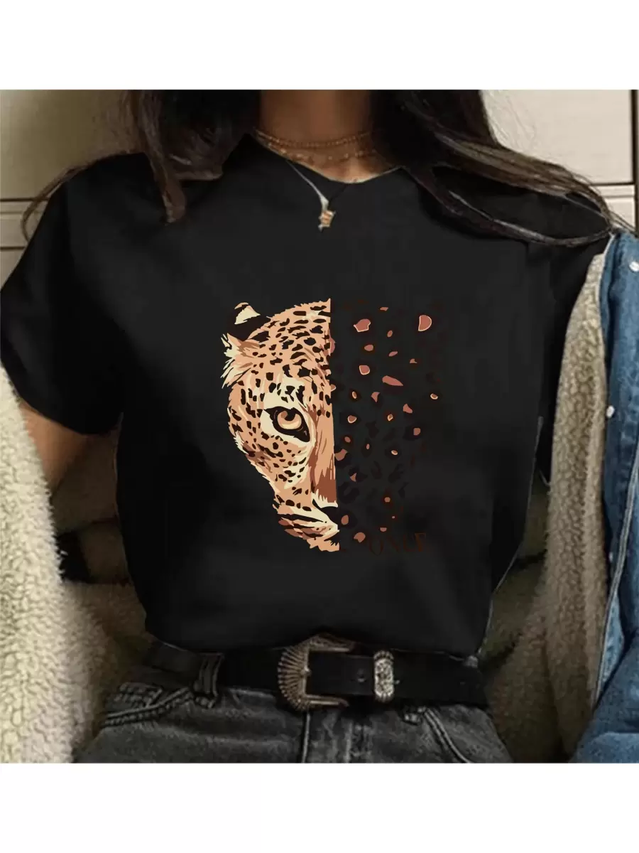 Women's T-Shirt Blouse 100% Cotton With Leopard Print Once Animal Print Fashion - màu đen - Xem 1