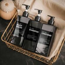 LEAPAIR 2/3 pièces Bouteilles carrées noires de 500 ml/16,9 oz pour shampoing, gel douche et cosmétiques avec étiquettes. Bouteilles en plastique rechargeables avec pompe, bouteilles vides réutilisables pour distributeur de savon. Contenants de douche pour le gel douche, le shampoing, le revitalisant et la lotion