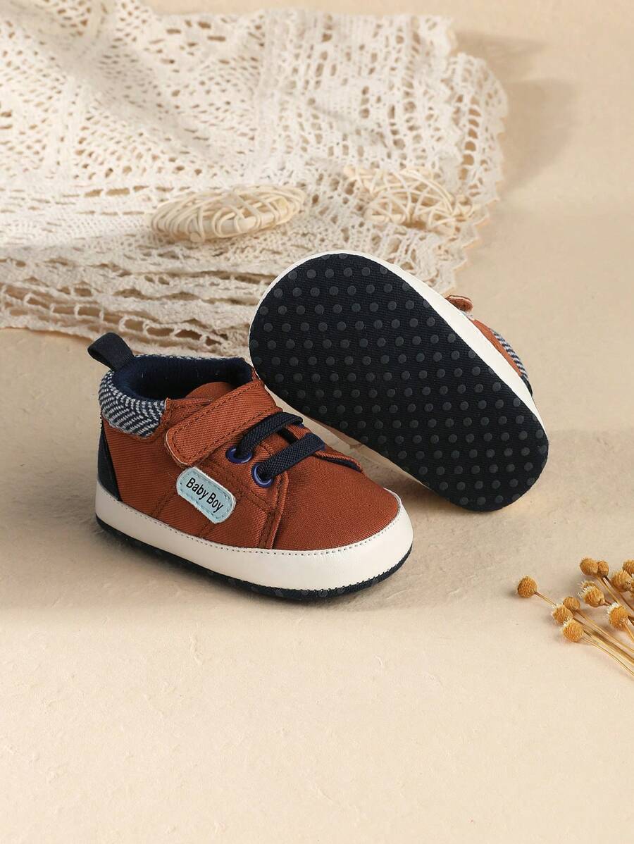 1 Pair Solid Color Canvas Hook And Loop Soft Infant Shoes, Flat Bottom Low Comfort, Suitable For Spring/Autumn - Coffee Brown - View 1