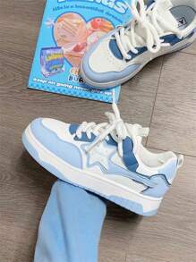 ISPORTE Zapatillas deportivas casuales para mujer con suela gruesa y estampado de estrellas, estilo universitario, zapatillas de deporte para estudiantes con punta redonda, versátiles y que reducen la edad, cómodas, transpirables y resistentes al desgaste. - Azul - Ver 3