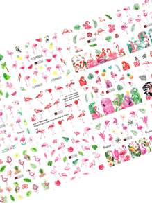12 pièces d'autocollants pour ongles avec flamants roses, fleurs, feuilles, plumes, jungle tropicale, palmiers, oiseaux et animaux. Décalcomanies d'été pour piscine, fête. Décoration d'ongles par transfert d'eau (sans viscosité)