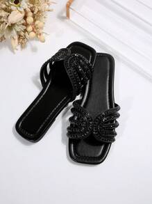 Square Toe Simple Design Rhinestone Embellished Flat Slip-On Sandals, Summer Vacation Beach Fashion For Women - Black - View 8