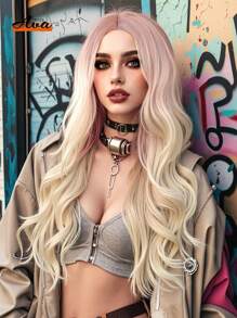 Ava WIGS 26 英寸金色粉色渐变假发长卷发假发适合女士街头朋克合成假发适合角色扮演日常派对音乐节 ﻿ ﻿ ﻿ - 彩色 - 查看 1