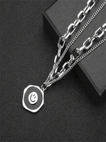 A Stainless Steel Double-Layer Layered Smiling Face Pendant Necklace For Women, Sweet, Cool And Fashionable - Silver - View 4