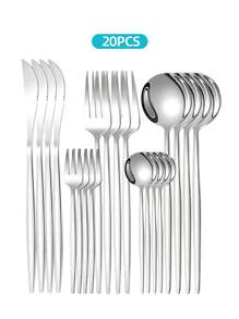 Stainless Steel Elegant Tableware Set, 5/20/30pcs Western Cutlery Set-Includes Dining Knives, Table Forks, Dining Spoons, Teaspoons, Dessert Forks, Forks For Salad/Appetizers/Dessert, And Mini Spoons For Coffee/Tea/Dessert/Cake/Stirring/Fruit/Ice Cream, Reusable Steak Knife, Main Fork, Soup Spoon, Teaspoon