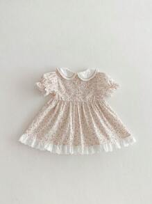 1pc Baby Girls Ditsy Floral Casual Princess Dress, Summer Outfit - Apricot - View 2