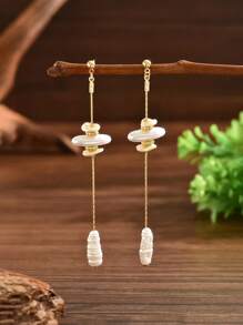 2Pcs Elegant&Quality Textured Faux Pearl Pendant With Layered Copper Chain Tassels, Jewelry Gift For Women Party/Holiday Wear