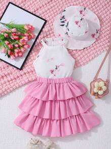 2 件女童休闲花卉印花露背上衣和纯色荷叶边蛋糕裙套装（带帽子），夏季