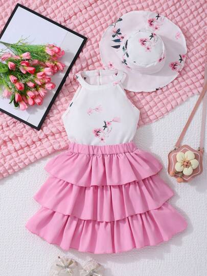 2 件女童休闲花卉印花露背上衣和纯色荷叶边蛋糕裙套装（带帽子），夏季