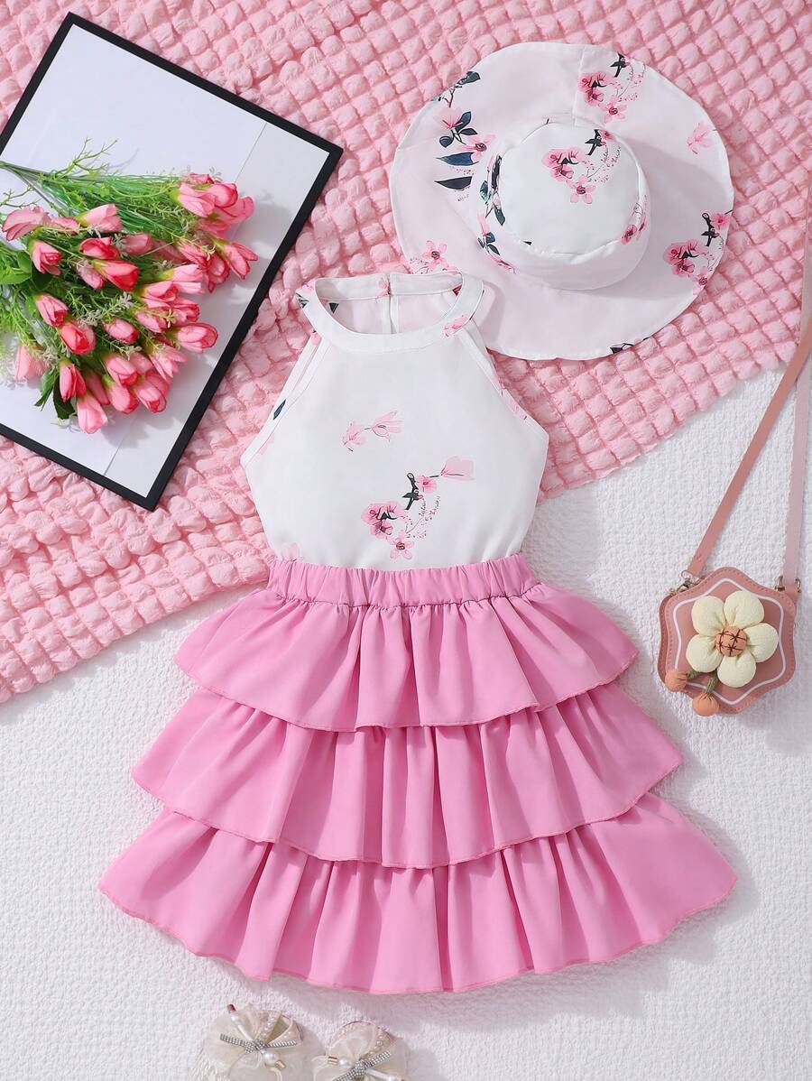 2 件女童休闲花卉印花露背上衣和纯色荷叶边蛋糕裙套装（带帽子），夏季