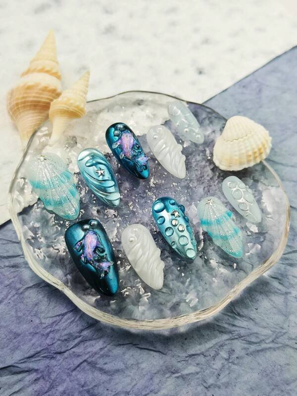 Experience 1 - Second Nail Art Fun! 10 - Piece Short Oval Dreamy Ocean Nail Set | 3D Mermaid & Bubble Gradient High - Quality Full Coverage, Includes Buffer & Jelly Glue | Perfect For Daily Wear & Gatherings, Amp Up The Vibe!