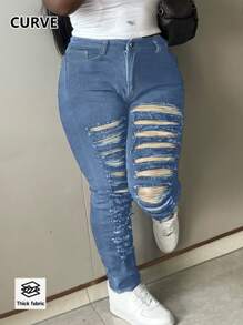 American Street Style New Daily Basic Slimming Ripped Ripped Women's Plus Size Jeans - Medium Wash - View 5