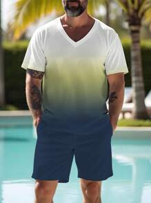1 Bộ áo phông tay ngắn cổ chữ V màu gradient thường ngày cho nam và quần short, rất phù hợp cho mùa hè và tập thể dục, trang phục cỡ lớn - Nhiều màu - Xem 1