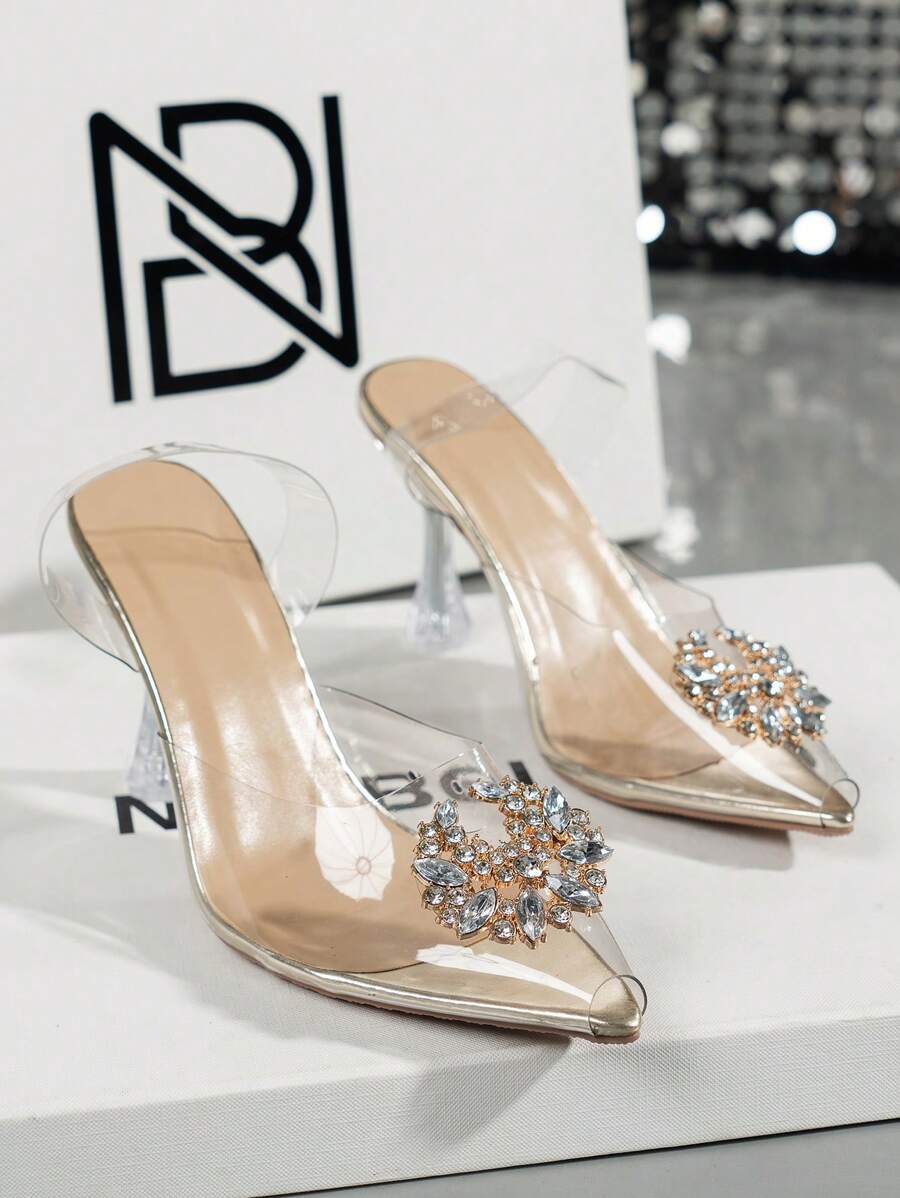 Fall/Winter Fashionable Pointed Toe Crystal Decor High Heel Sandals, Versatile Design For Music Festival And Party, Spring/Summer, Elegant - Light Gold - View 1