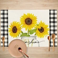 1/4/6pcs Sunflower Vase Summer Placemats, Sunflower & Vase Series Checkered Pattern Printed Polyester Linen Placemats, Table Mats, Hot Pads, Kitchen Decor, Western Dining Table Mats