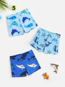 3 Packs Boys Cute Ocean Shark Pattern Beach Shorts, Dinosaur Print Swim Trunks, Suitable For Summer Beach, Vacation, Pool Outdoor Activities Swimwear - Multicolor - View 1