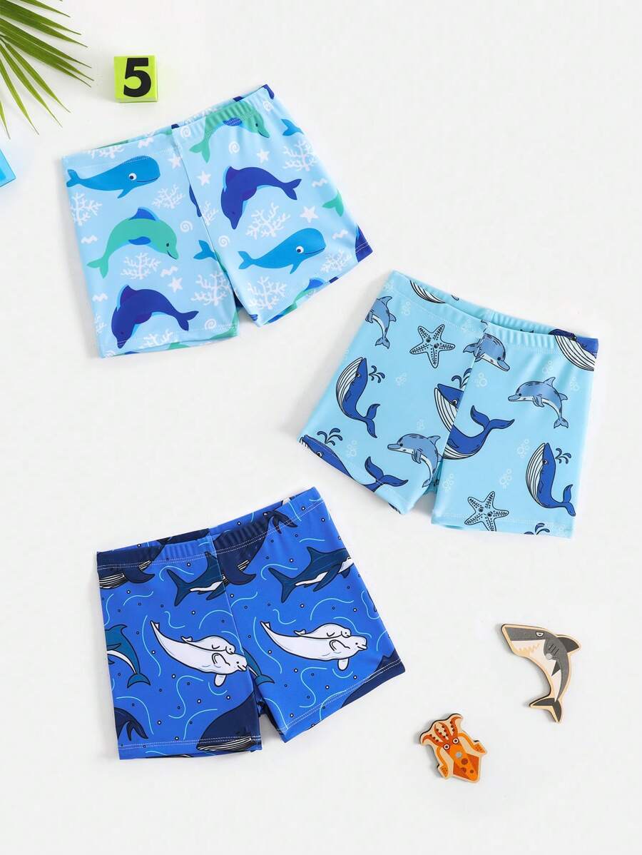 3 Packs Boys Cute Ocean Shark Pattern Beach Shorts, Dinosaur Print Swim Trunks, Suitable For Summer Beach, Vacation, Pool Outdoor Activities Swimwear - Multicolor - View 1