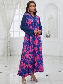 Spring/Summer Women's Retro Print Dress, Turkish Style Long Robe, Modest Kaftan - Multicolor - View 5