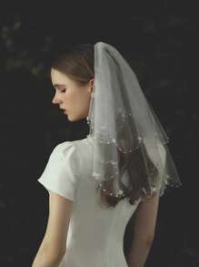 1 件双层珍珠弧形侧蝴蝶结珍珠花发夹，可爱简约风格，适合婚礼拍照、单身派对、新娘面纱