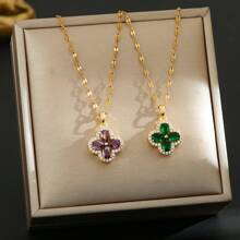 1 pièce Collier pendentif en acier inoxydable plaqué or 18 carats avec trèfle à quatre feuilles sertis, style minimaliste, convient pour les soirées, les rendez-vous, les femmes actives