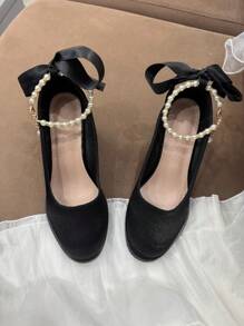 Tacones gruesos elegantes con decoración de cristales y perlas para niña, talla grande, adecuados para vestidos formales y ocasiones, con correa de tobillo ajustable