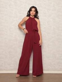 Women's Jumpsuit With Belt And Pocket - 酒紅色 - 查看 1