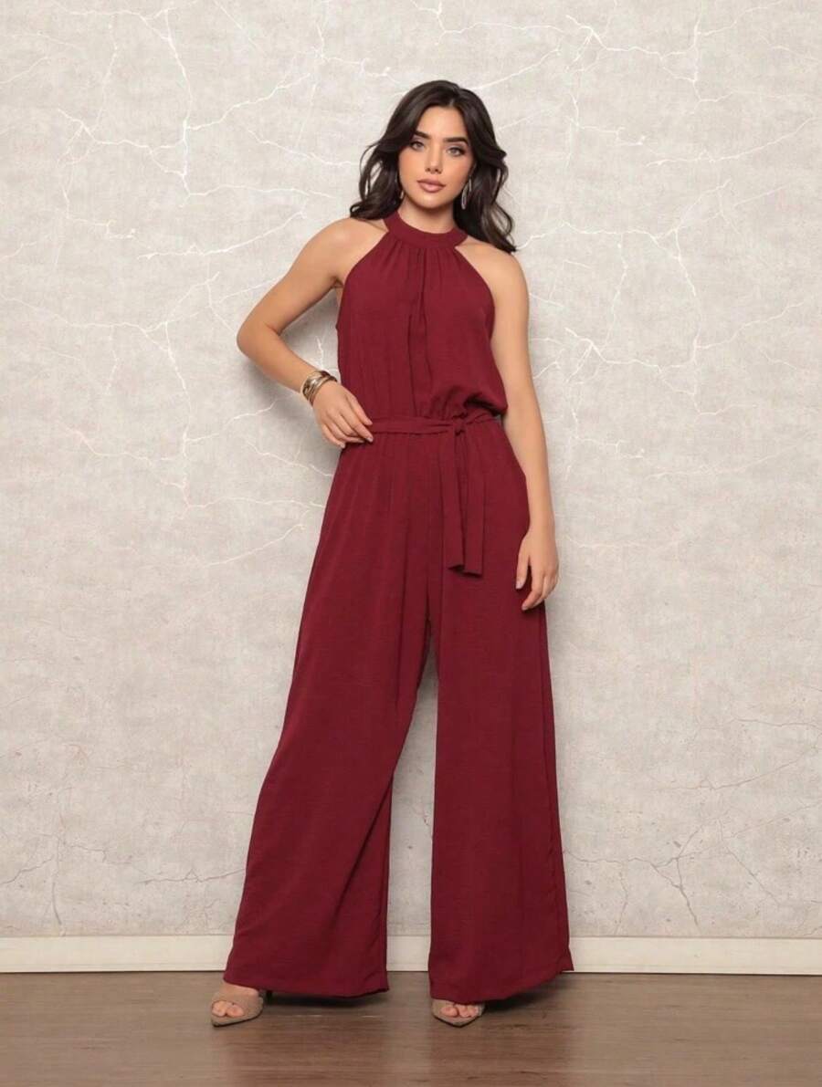 Women's Jumpsuit With Belt And Pocket - 酒紅色 - 查看 1
