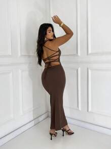 Women's Long Dress With Open Back, Braided Premium Fabric, Slit - Coffee - View 4