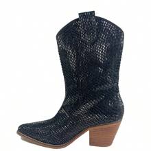 ARiderGirl Miracle Women's Western Cowboy Boots Crystal Rhinestone Embellished Stacked Leather Heel With Stitched Welt Snip Pointed Toe Mid Calf Boots