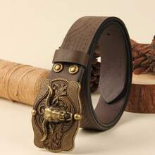 3.7cm Wide Cowboy Style Western Open-Mouth Bull Head Shape PU Leather Belt Buckle, Smooth Buckle With Stamping & Round Hole Design For Men & Women