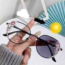 1pc Fashionable Women'S Square Frameless Gradient Lens Glasses With Rhinestone Embellishments, Metal Material Fashion Eyeglasses Classic Modern Simple Style Photochromic Glasses For Summer Beach Vacation,Outdoor,Travel - Multicolor - View 6