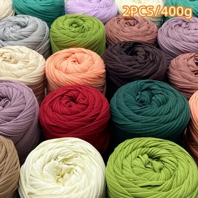 2pcs High Quality Elastic T-Shirt Yarn - A Pack Of 2 Knots/400g Elastic Fabric Knitted Yarn, With Bright Colors, Suitable For Hand Woven Bags, Baskets, Carpets, Shoes, Home Textile Decorations, DIY Handicrafts