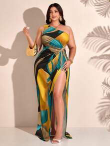 Plus Size Sleeveless Floral Print High Slit One-Shoulder Dress (Random Print) - Yellow - View 4