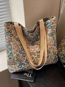 1pc Floral Print Canvas Tote Shoulder Bag, Portable Storage Commuter Bag Student Large Capacity Tote Bag, Embroidered Flower Shoulder Bag, Waterproof Canvas Travel Shoulder Bag, Suitable For Office, School, Travel, Mothers Going Out To Class Commuting Large Capacity, Portable, Suitable For Female College Students, Very Suitable For Back To School, First Day Of School, Middle School, High School, Shopping, Vacation