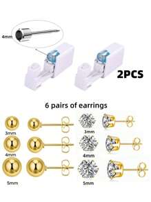 14pcs/Set Sterile Ear Piercing Kit, (2pcs Ear Piercer + 6pcs White Zirconia Gold Earrings + 6pcs Gold Bead Earrings), Disposable Low-Pain Ear Cartilage Piercing Gun With Built-In Ear Studs, Ear Beauty Tools & Accessories For Both Men And Women