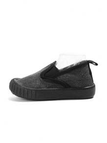 1 Pair Boys' Black Canvas Double Elastic Band Flat Casual Sneakers, Fashionable Simple Style, Comfortable & Breathable For Everyday Wear