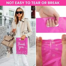 300Pcs Thank You Bags For Business Small, Pink Plastic Merchandise Bags Extra Thick Retail Shopping Bags With Handle 3 Sizes Thank You Reusable Bags For Merchandise Clothes Boutique Gift To Go Bags