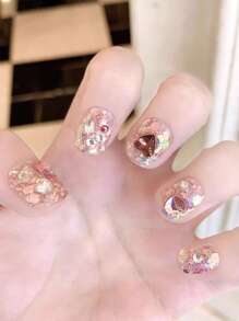 10 件/套粉色闪光心形水钻装饰假指甲，手工制作可重复使用短款可爱女孩假指甲