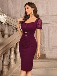 MIUSOL Vestido de cóctel ajustado con cuello en V profundo, manga corta y encaje floral vintage - Burdeos - Ver 7