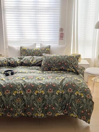 1 Set Green Ditsy Floral 3-Piece Bedding Set, Nature-Inspired Breathable Bed Set Suitable For Forest Bedroom (1 Duvet Cover + 2 Pillow Covers), Multiple Sizes Available, Excluding Filler, Random Pillow Cover Pattern