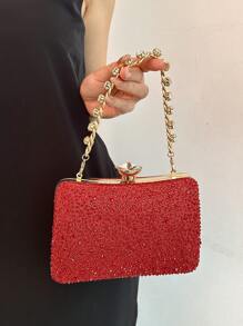Spring New Luxury Rhinestone Embellished RedClutch Bag, High-End Elegant Lady Formal Handbag,Bridal Wedding Party Purse, Suitable For Cocktail Party,Gala.Prom And Other Forma Occasions - Red - View 3