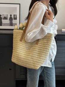 1 pieza Bolso de hombro con cierre de gran capacidad, estilo casual de vacaciones, transpirable, tejido en beige, adecuado para señoras en primavera/verano, para artículos de playa, teléfono de viaje, billetera, lápiz labial, llaves, pañuelos, bolsas de almacenamiento