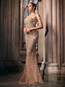 LUVISTRUE Fairy Temperament Pearl Decoration Formal Dress Women Sequins Evening Gown For Graduation Season Prom, Birthday Party, Galas, Cocktail Party, Concert, Award Ceremony Pure Color One Shoulder Floor Length Dresses - Rượu sâm banh - Xem 3