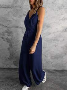 Acelitt 1 pieza Mono informal de verano sin mangas de piernas anchas y cuello en V de unicolor para mujer